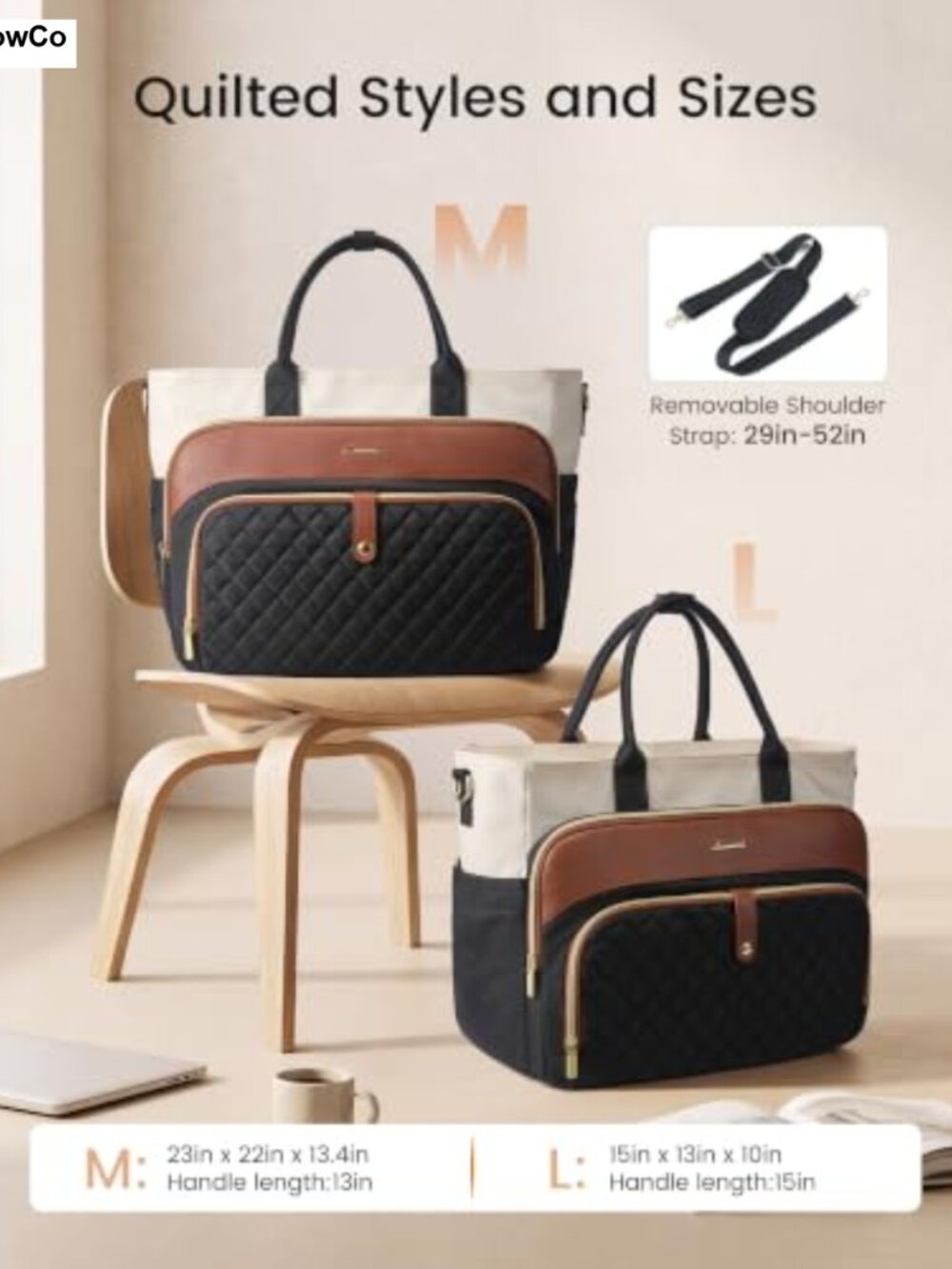 Quilted Laptop Tote Bag for Women Work Teacher Nurse 15.6 Inch Shoulder - Picture 4 of 6